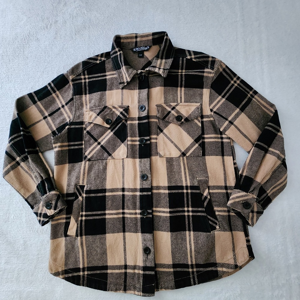 Plaid Flannel Shacket Womens Small Button Up Chore Jacket Shirt Utility Grunge